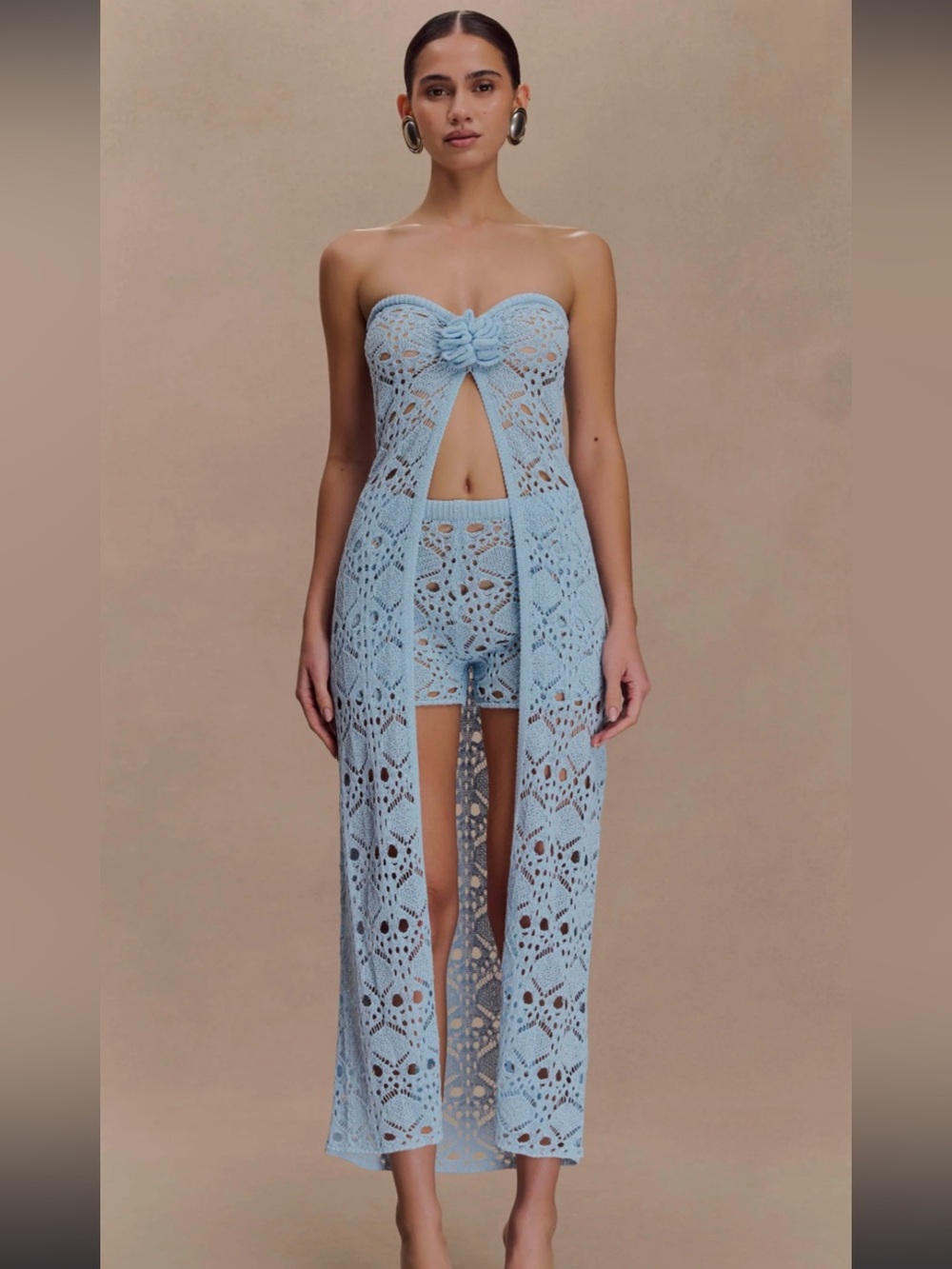 MESHKI Aeline Sky Blue Crochet Top & Shorts Set Brand New